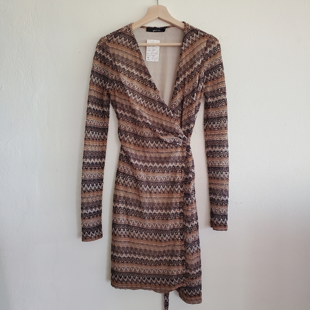 NWT Ark & Co Crochet Retro Stripe Brown Neutral Wrap Around Dress Medium